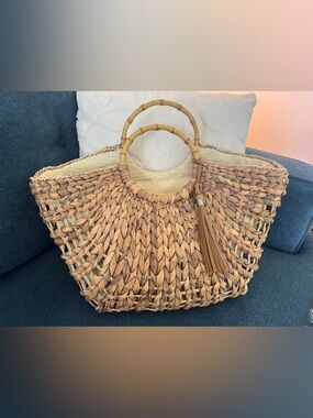 Straw Studios Natural Tan Woven Tote with Bamboo Handles